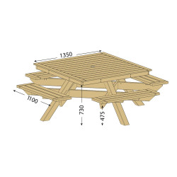 Table pique-nique carrée en bois PREMIUM - Longueur 2,16m